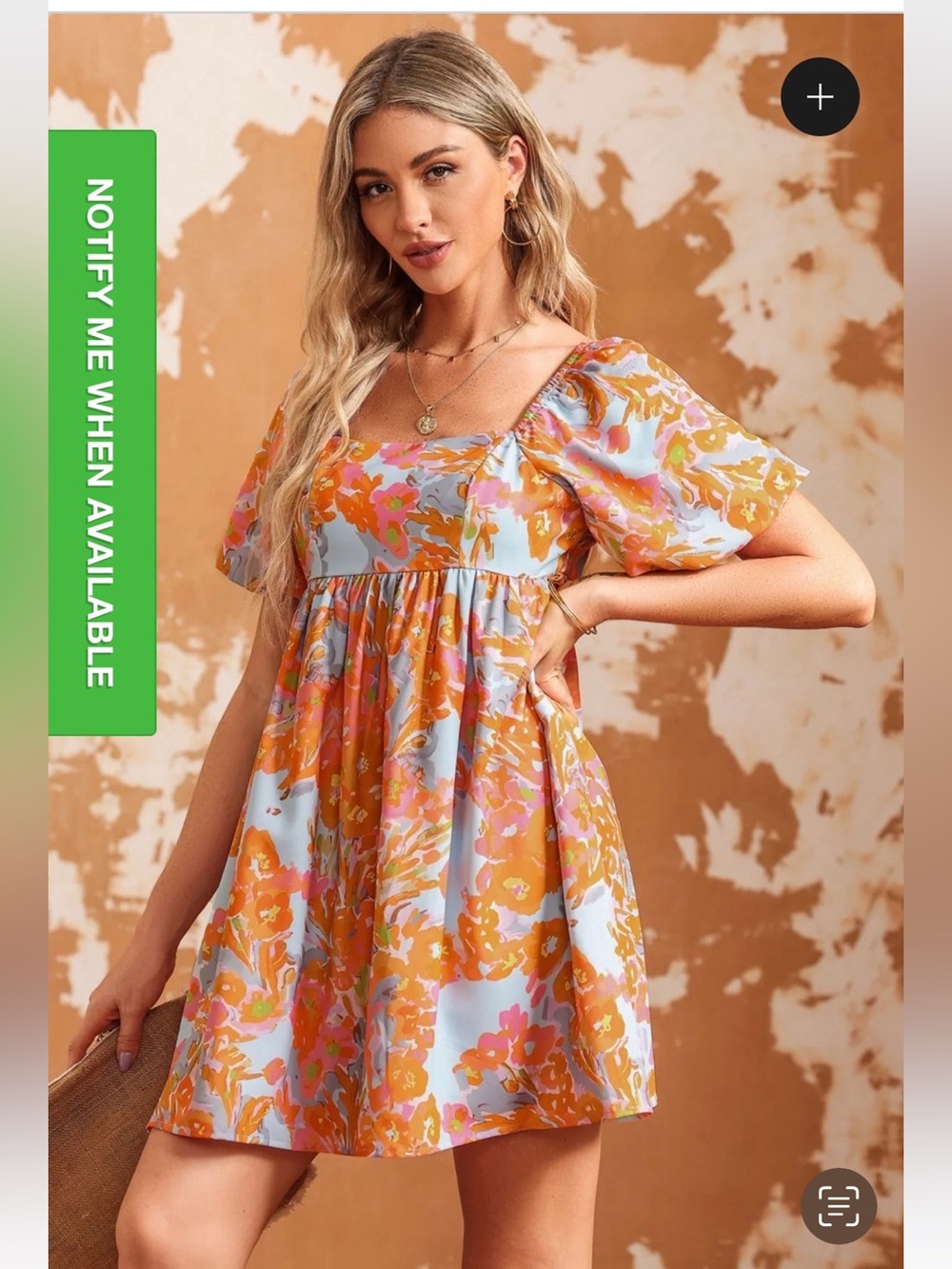 NWT Boutique Orange Blue Floral Babydoll Mini Dress Puff Sleeve Size Large